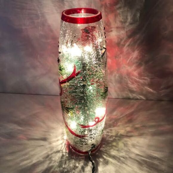 Christmas Kirkland's Pre Lit Crackle Glass Cardinal Hurricane Lamp w/Box - Picture 4 of 9